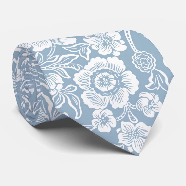 Corbata Flores Dibujadas a Mano, Arte Botánico Gris Azul B (Enrollado)