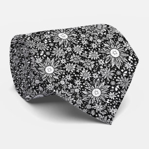 Corbata Flores espaciales Patrón blanco y negro floral