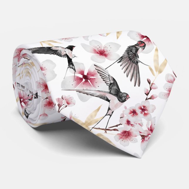 Corbata flores frescas de aves japonesas estampado (Enrollado)