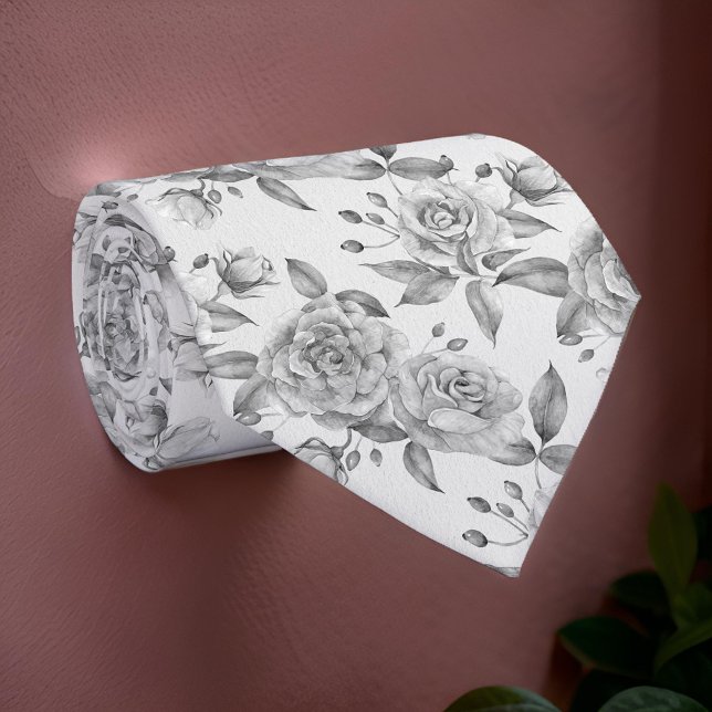 Corbata Flores grises modernas Rosas elegantes acuarela (Subido por el creador)