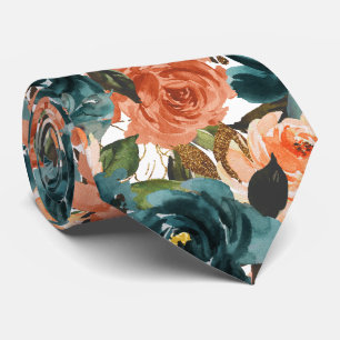 Corbata Flores H2 Azul Verdoso y Rosas Naranja Oxidadas  