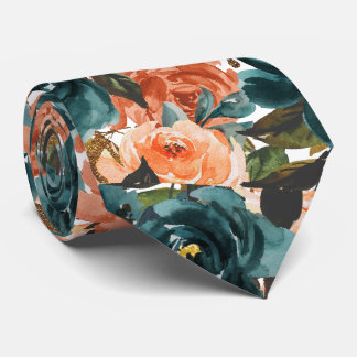 Corbata Flores H2 Azul Verdoso y Rosas Naranja Oxidadas