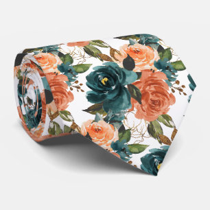 Corbata Flores H2 Azul Verdoso y Rosas Naranjas Oxidadas