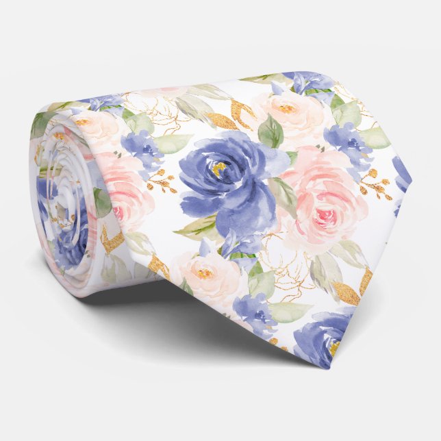 Corbata Flores H2 Mediterráneo Rosas Rosadas Azul   (Enrollado)