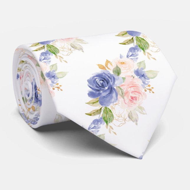 Corbata Flores H2 Mediterráneo Rosas Rosadas Azul   (Enrollado)