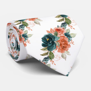 Corbata Flores H2 Verde Acuático y Rosas Naranja Óxido