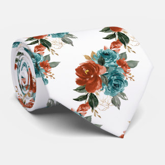 Corbata Flores H2 Verde Teal Naranja Óxido Rosas