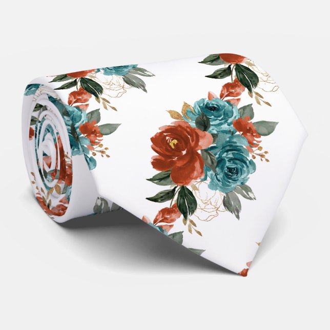 Corbata Flores H2 Verde Teal Naranja Óxido Rosas   (Enrollado)