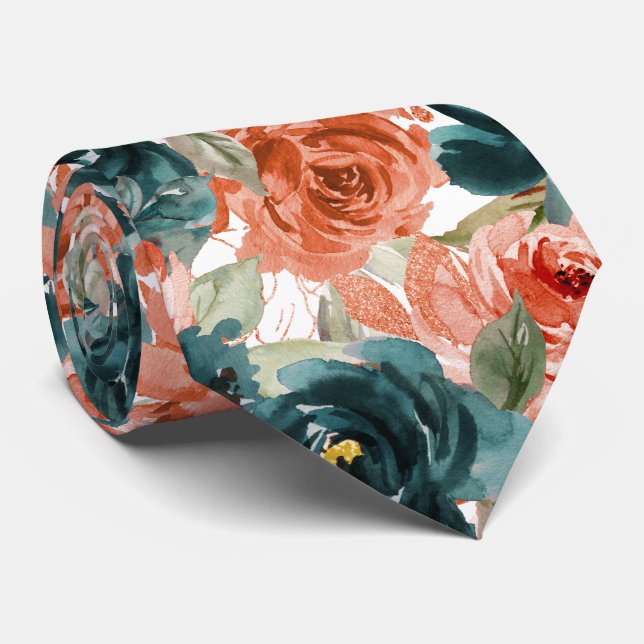 Corbata Flores H2 Verde Turquesa Naranja Oxidado Rosas   (Enrollado)