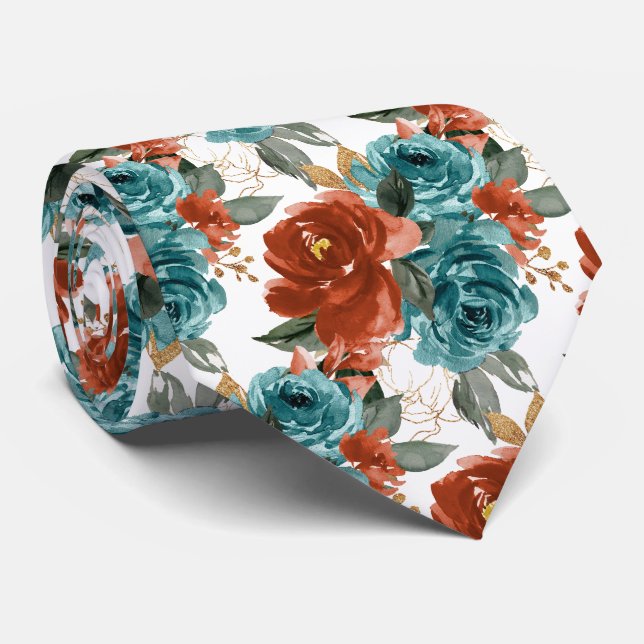 Corbata Flores H2 Verde Turquesa Naranja Oxidado Rosas   (Enrollado)