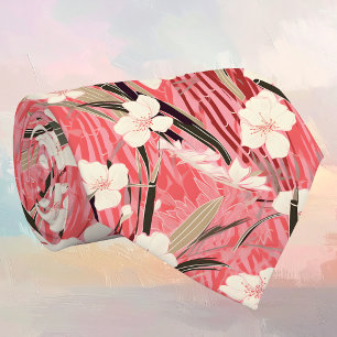 Corbata Flores japonesas blancas sobre burdeos rosa