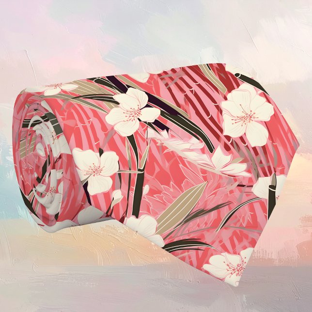 Corbata Flores japonesas blancas sobre burdeos rosa (Subido por el creador)