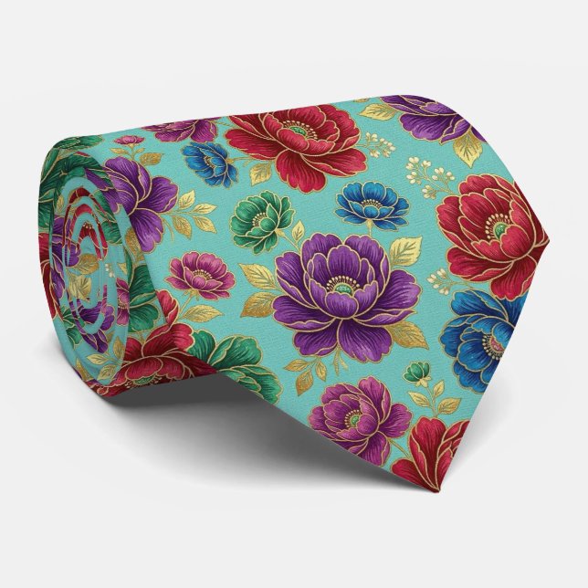 Corbata Flores Jeweltone con Acentos de Oro (Enrollado)