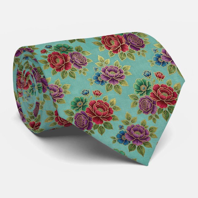 Corbata Flores Jeweltone con Acentos de Oro (Enrollado)