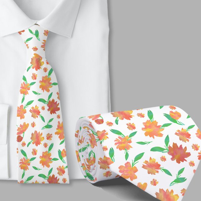 Corbata Flores modernas de acuarela naranja verde (Subido por el creador)