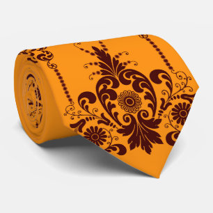 Corbata flores naranjas y estampado de volutas