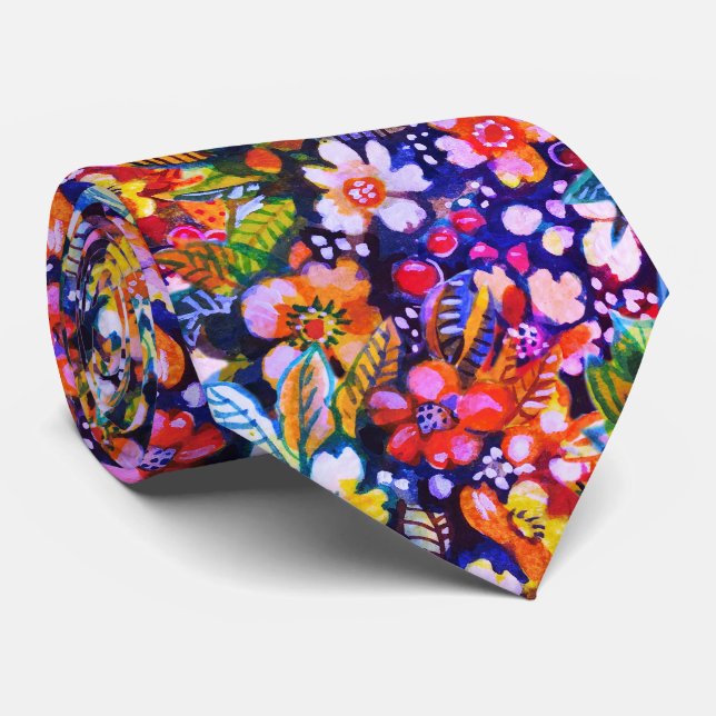 Corbata Flores naranjas y rojas de Acuarela artística Corb (Enrollado)