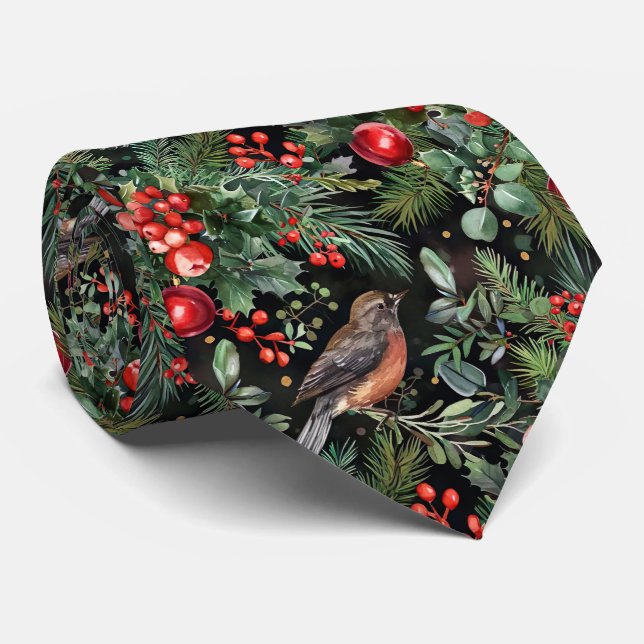 Corbata Flores Navideñas Festivas y Elegantes con Pájaros (Enrollado)