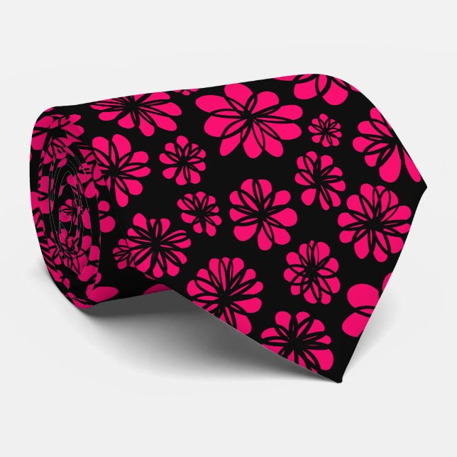 Corbata Flores - Neon Red sobre Negro (Enrollado)