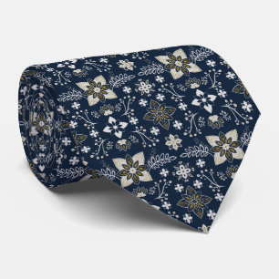 Corbata Flores nórdicas blancas y doradas de fondo azul