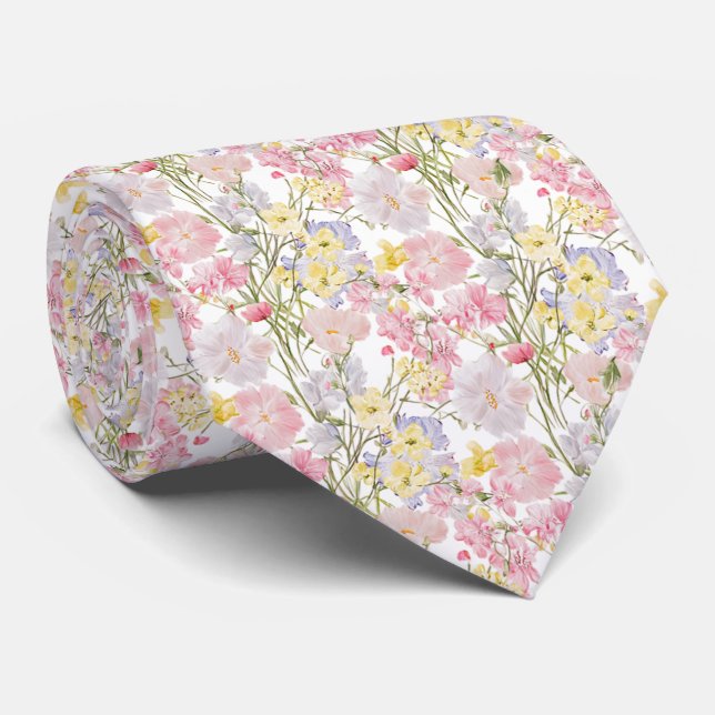 Corbata flores pálidas de prado rosadas amarillas azules (Enrollado)