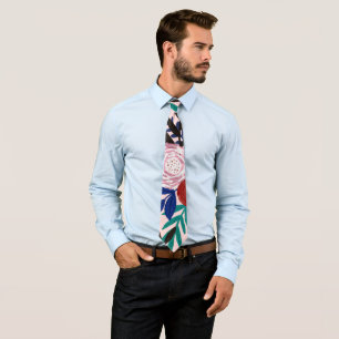Corbata Flores pintadas de acrílico azul rosado en las hoj