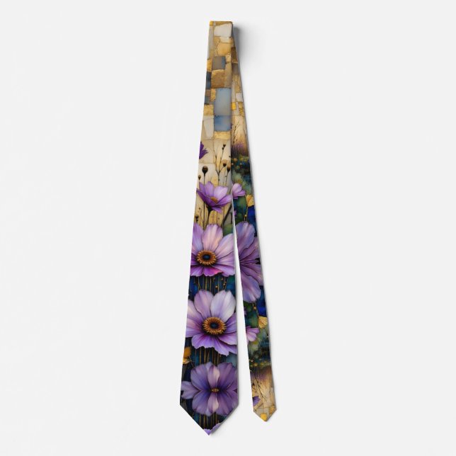 Corbata Flores púrpura rosadas con parches dorados (Anverso)