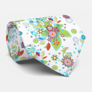 Corbata Flores Retro Coloridas y Patrón De Swirls