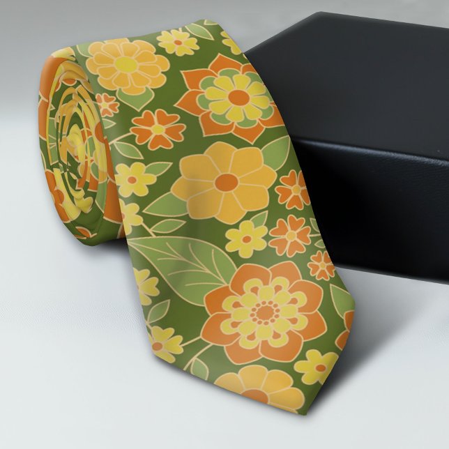 Corbata Flores retro - oro naranja verde oliva (Trendy Neck Tie Pattern)