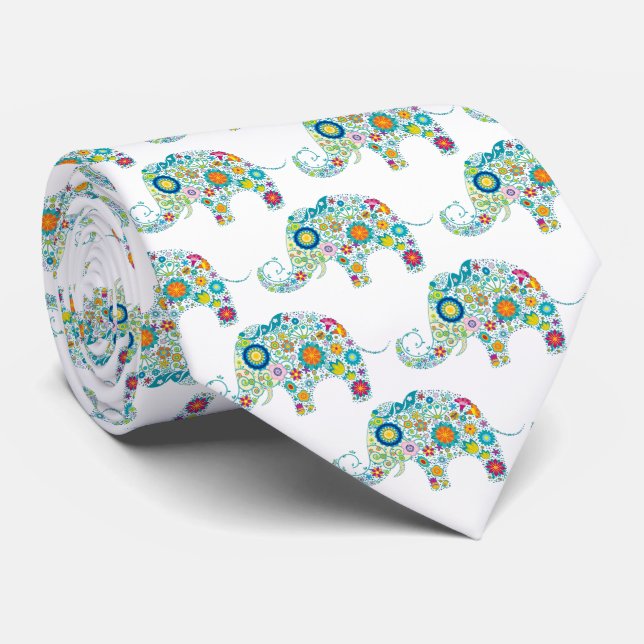 Corbata Flores retro Patrón elefante lindo (Enrollado)