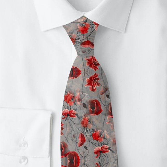 Corbata Flores rojas de amapola en botánico gris | (Subido por el creador)