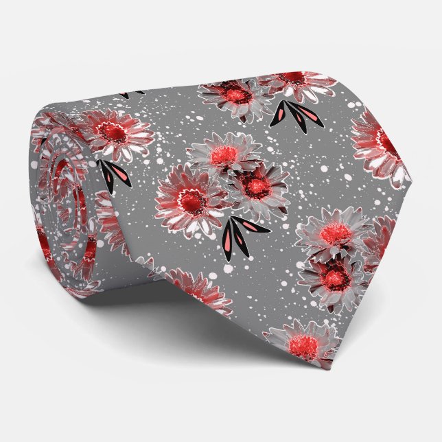 Corbata Flores rojas en gris (Enrollado)