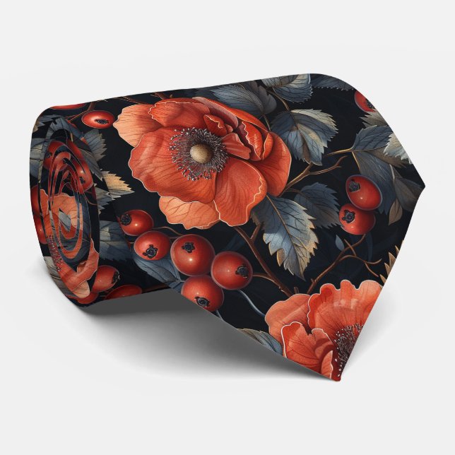Corbata Flores rojas en negro (Enrollado)