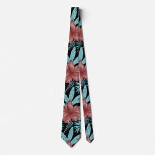Corbata Flores rojas trópicas sin costuras y hojas azules