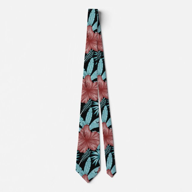 Corbata Flores rojas trópicas sin costuras y hojas azules (Anverso)