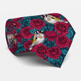 Corbata Flores rojas y pájaros dorados