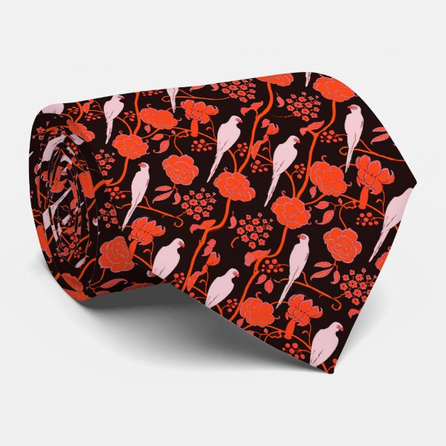 CORBATA FLORES ROJOS NEGROS DE ARTE DECO CON PARROS BLANCO (Enrollado)