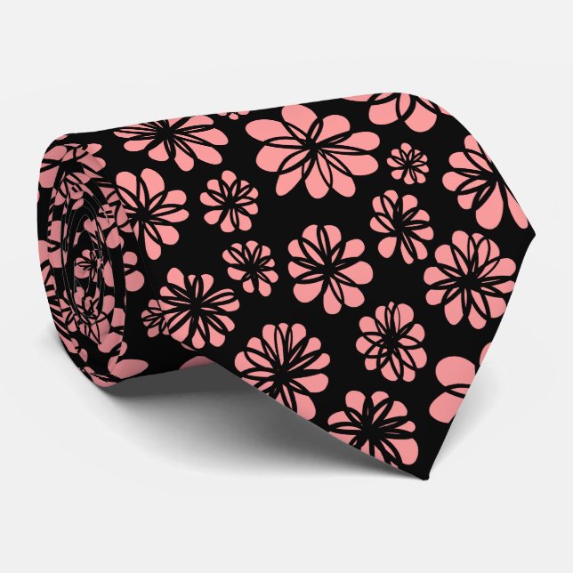 Corbata Flores: rosa suave sobre negro (Enrollado)