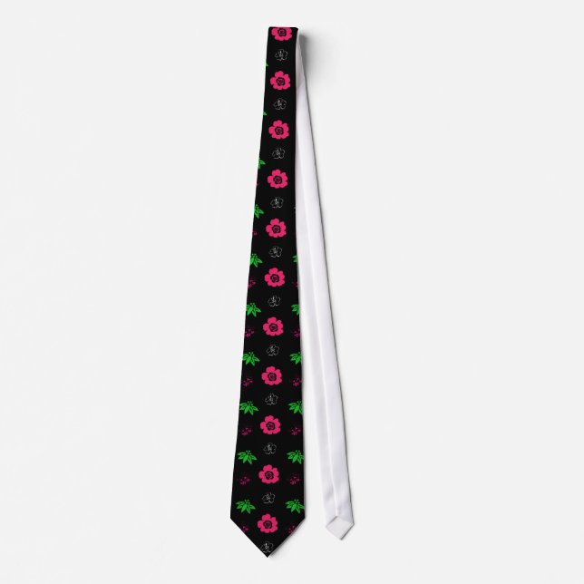 Corbata flores rosadas,hojas verdes, negro (Anverso)