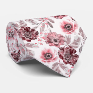 Corbata Flores rosadas y burdeos sobre fondo blanco.