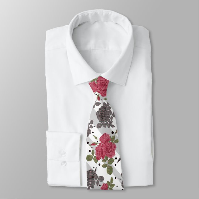 Corbata Flores rusas retro grises de rayas blancas rojas r (Atado)