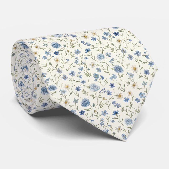 Corbata Flores Silvestres Blancas Azules Rosas Boda Novio (Enrollado)