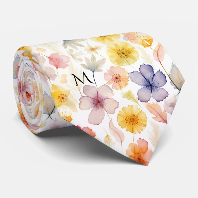 Corbata Flores silvestres botánicas pastel estilo acuarela (Enrollado)
