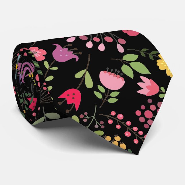 Corbata Flores silvestres Diseño floral elegante en negro (Enrollado)