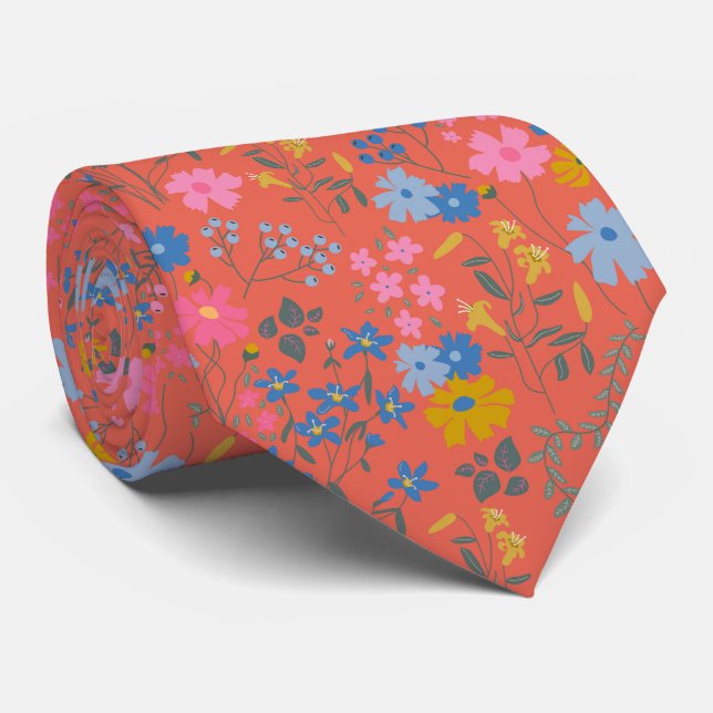 Corbata Flores silvestres rojas modernas Boho (Enrollado)