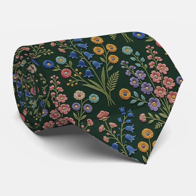 Corbata Flores Silvestres Seda Falsa | Estilo Bordado Vint (Enrollado)