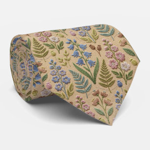 Corbata Flores Silvestres Seda Falsa Estilo Bordado Vint