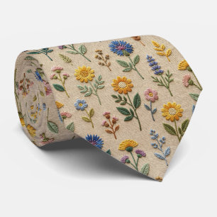 Corbata Flores Silvestres Seda Falsa Estilo Bordado Vint