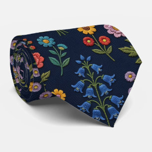 Corbata Flores Silvestres Seda Falsa Estilo Bordado Vint