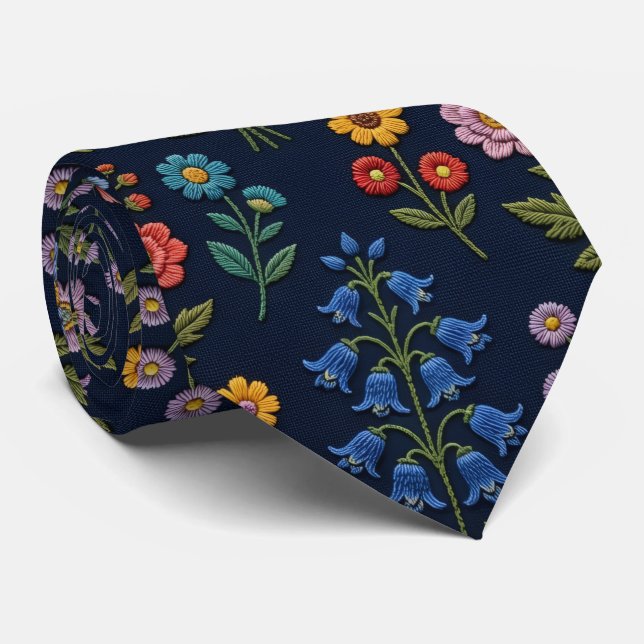Corbata Flores Silvestres Seda Falsa | Estilo Bordado Vint (Enrollado)
